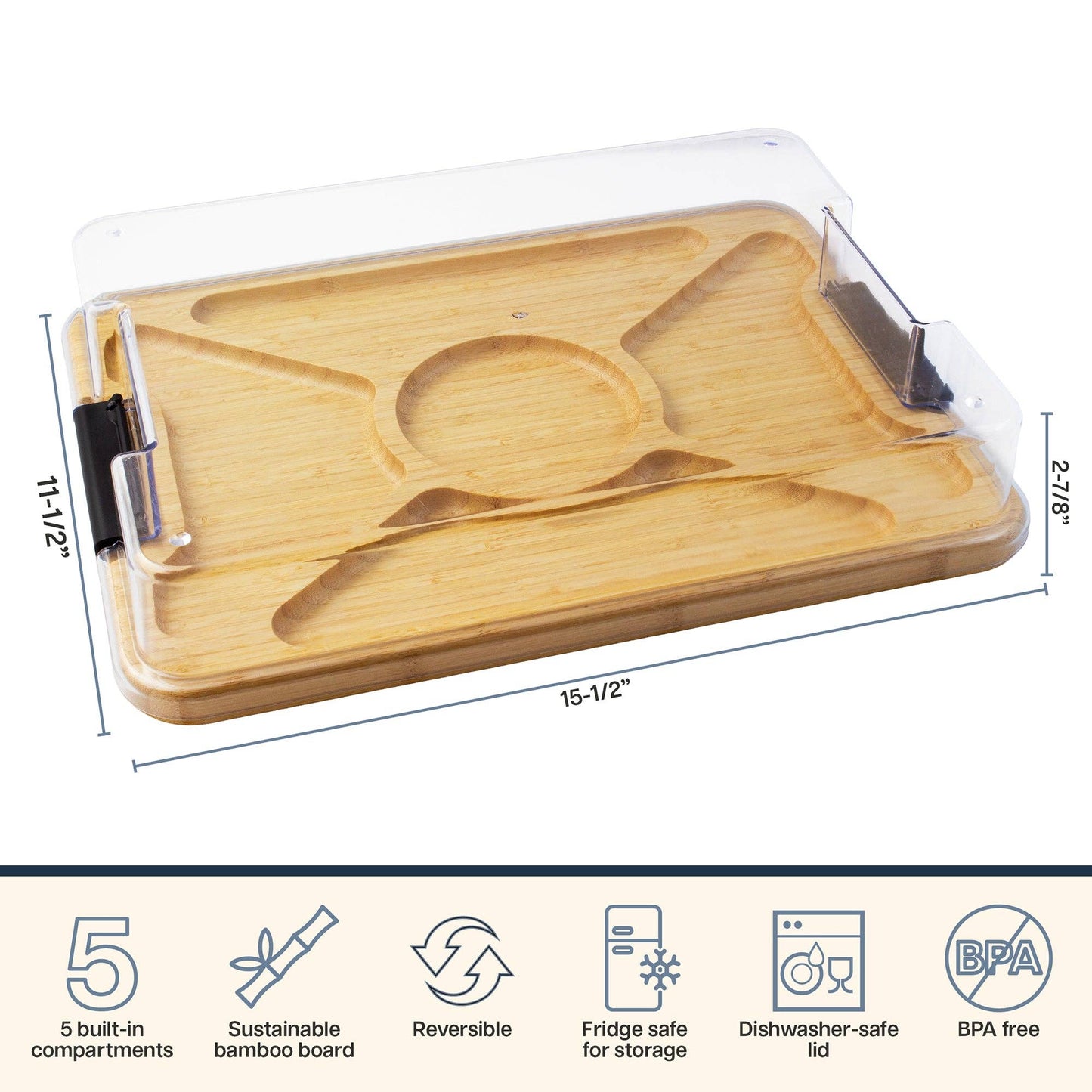 Wooden cutting board with measurements and features listed below. 11-1/2" x 15-1/2" x 2-7/8". Text reads: 5 built-in compartments, sustainable bamboo board, reversible, fridge safe for storage, dishwasher-safe lid, BPA free.