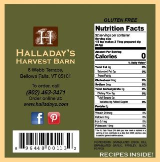 Halladay's Harvest Barn label with nutrition facts, contact information, and ingredients on a green background.