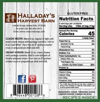 Nutrition label and branding information for Halladay's Harvest Barn on a wooden background