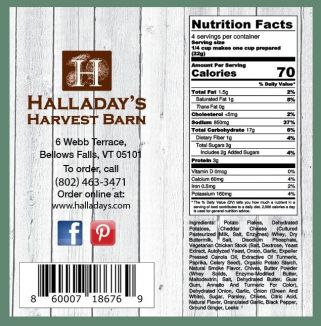 Halladay's Harvest Barn label with nutrition facts and contact information.