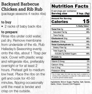 Nutrition label for Haliday's Backyard Barbecue Chicken and Rib Rub with preparation instructions.