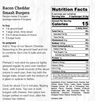 Nutrition facts label for Bacon Cheddar Smash Burgers with preparation instructions.