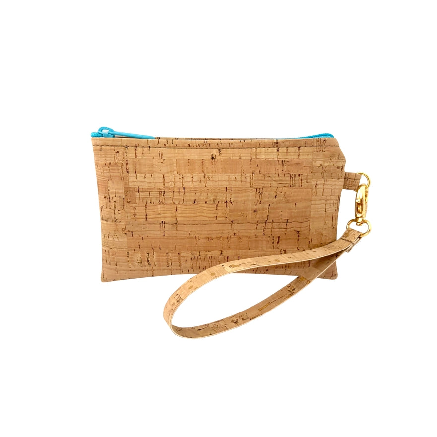 Aqua Zipper Simple Cork Wristlet