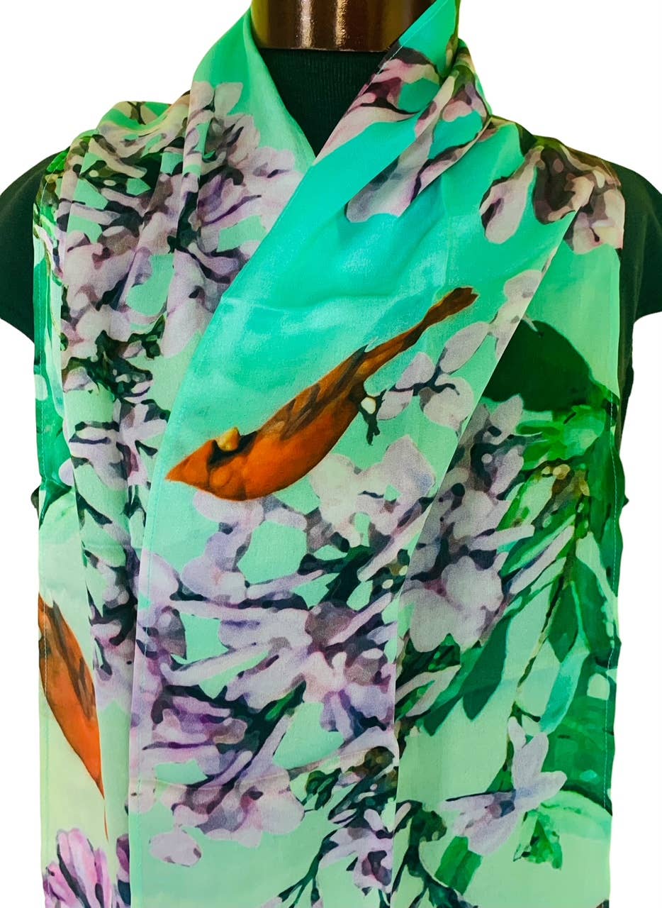 Flowers and Feathers Cardinals in Lilac Silk Scarf