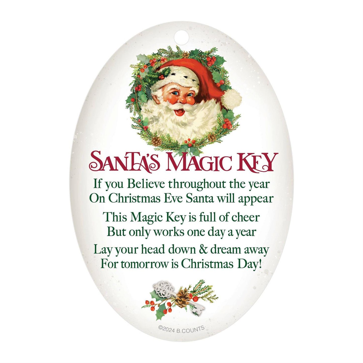 Decorative Christmas ornament tag with Santa Claus and text on a white background