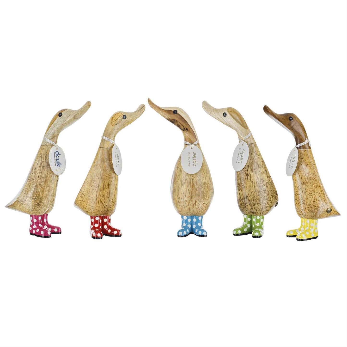 Five decorative ducks with colorful boots on a white background