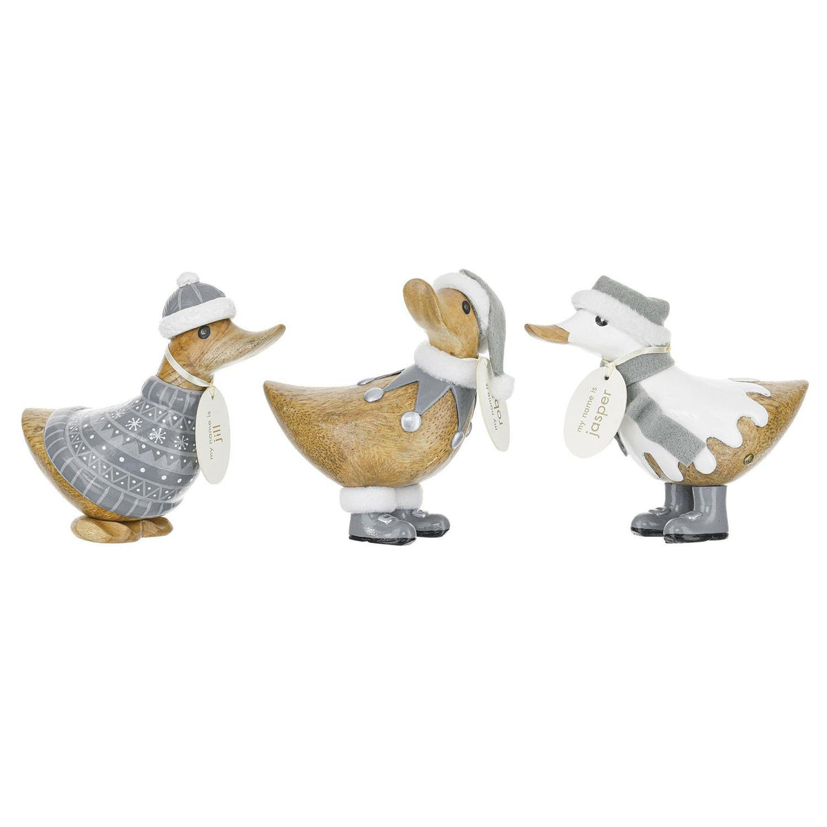 Three wooden duck figurines with white and gray accents on a white background