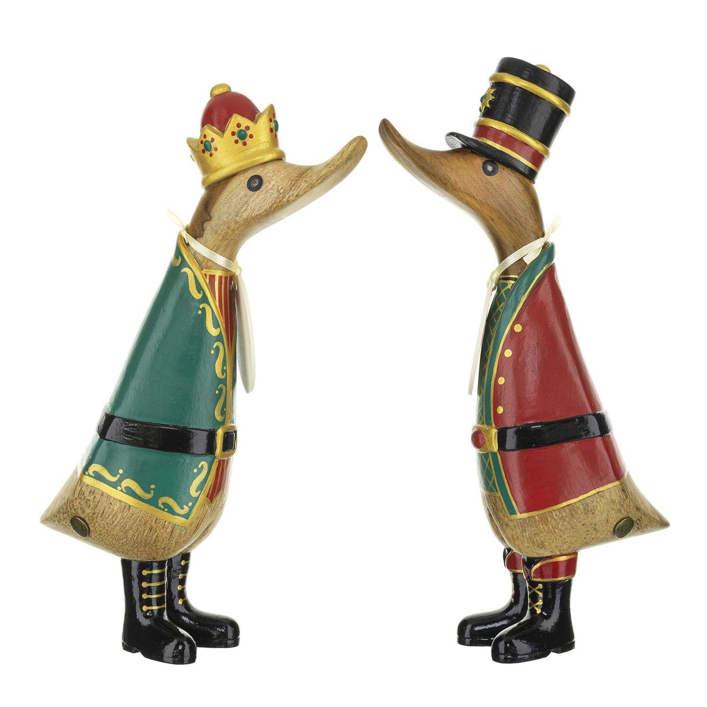 Two decorative duck figurines in royal attire on a white background
