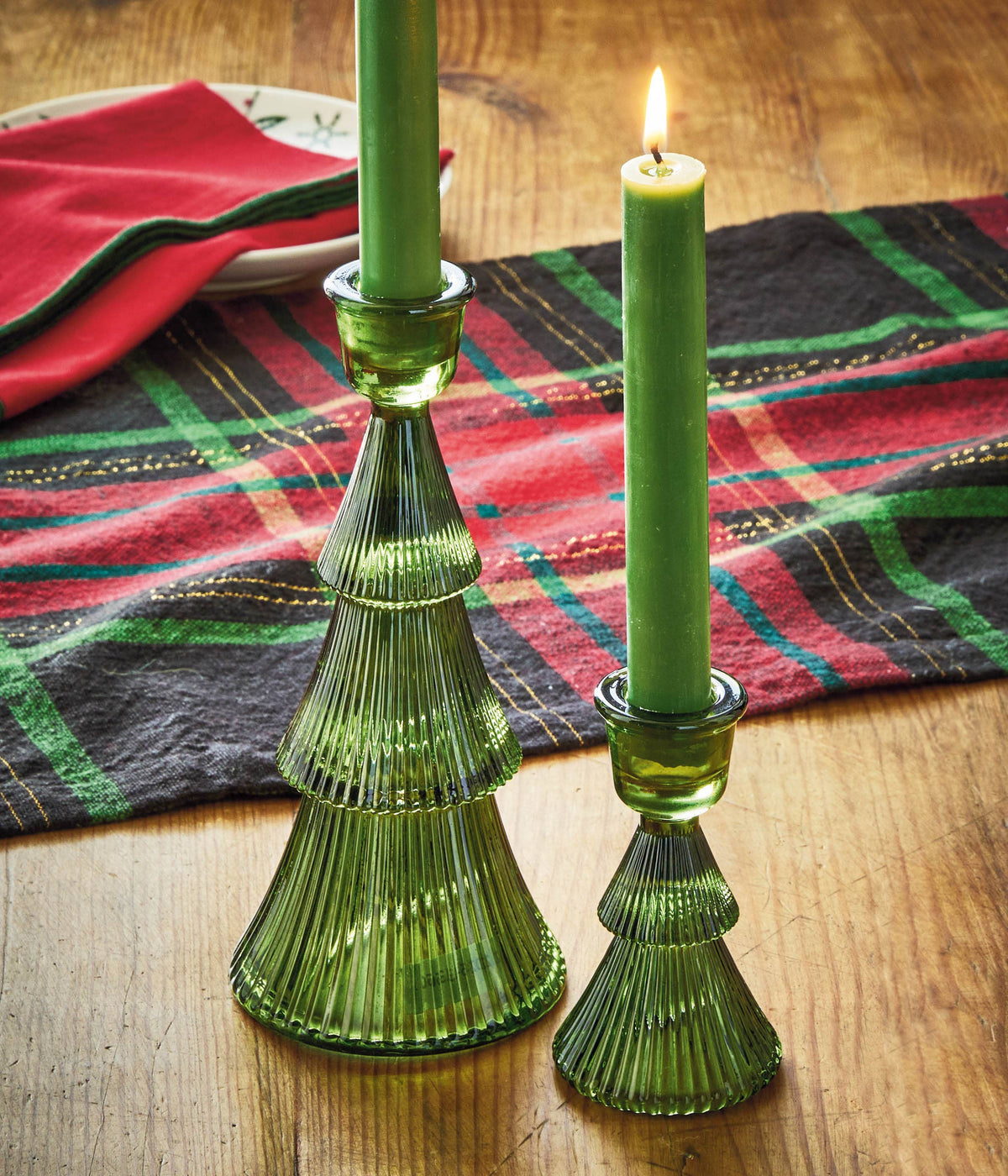 Green Glass Ribbed Tree Taper Holder