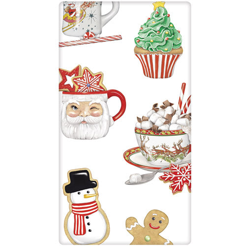 Tea towel with a Christmas-themed pattern with Santa Claus, snowman, gingerbread man, and festive elements on a white background.