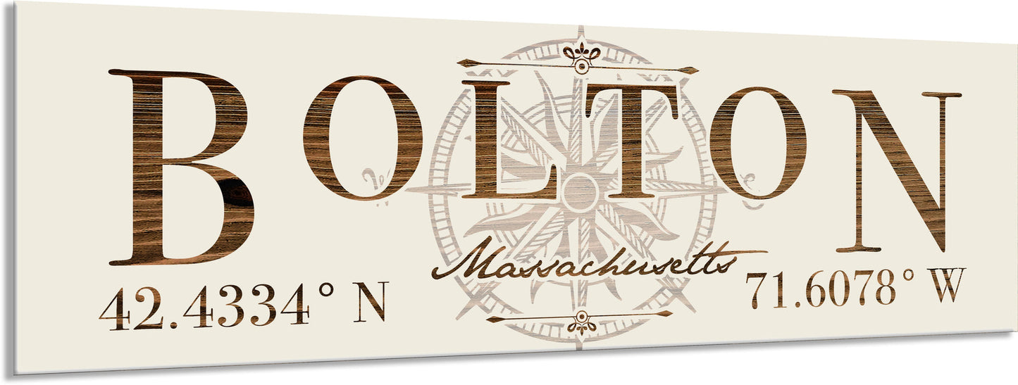 Decorative sign with 'Bolton, Massachusetts' text and compass design on a beige background
