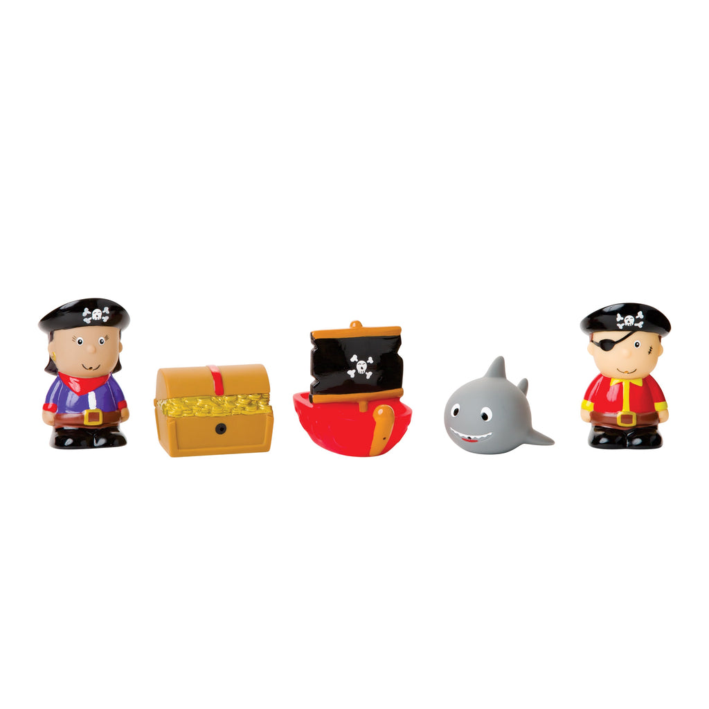 Set of toy figures including a pirate, treasure chest, and shark on a white background
