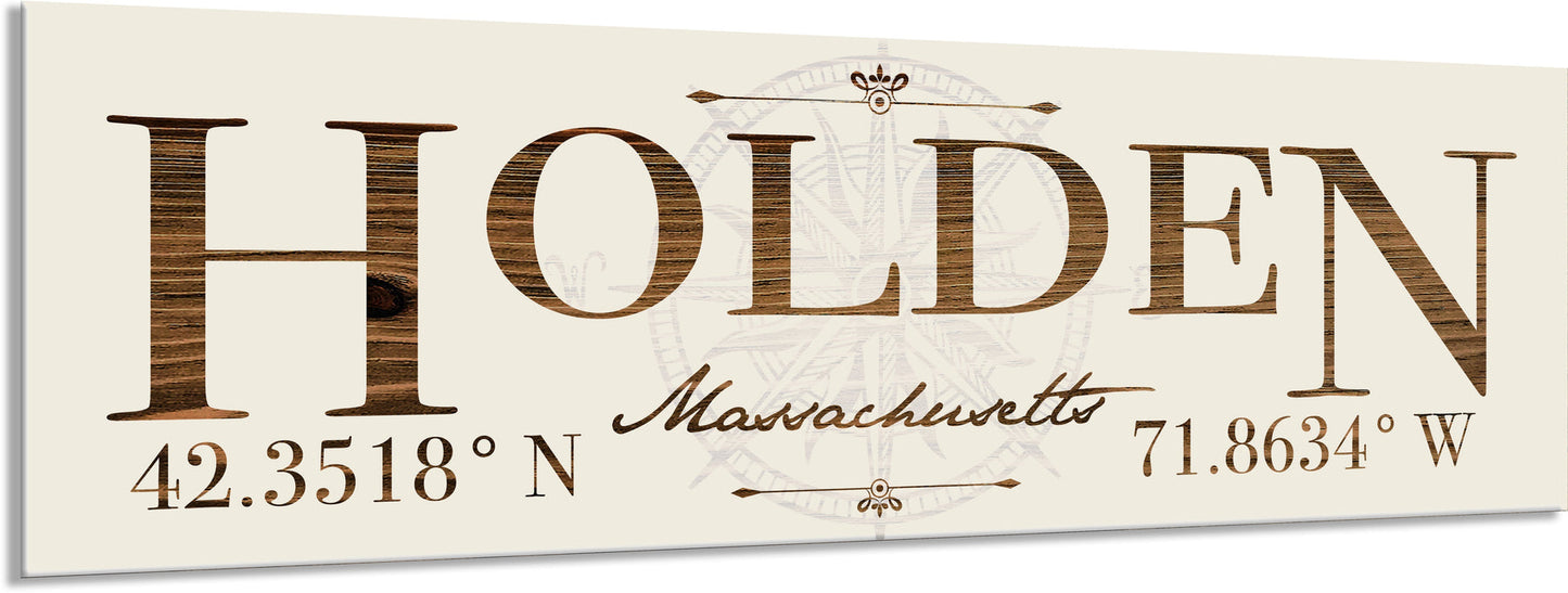 Decorative sign with the name 'Holden, Massachusetts' and coordinates on a beige background