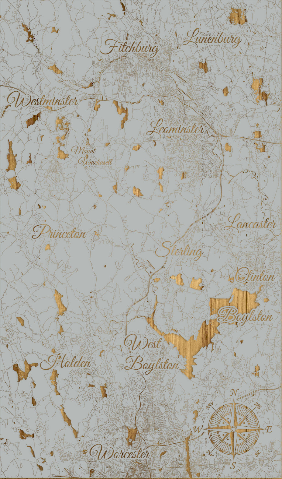 Vintage-style map with city names and a compass rose on a light gray