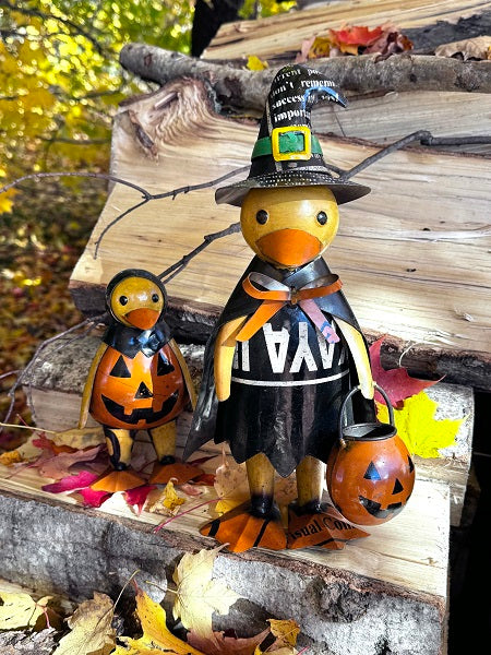 Two decorative duck figurines, one in a witch costume and the other in a pumpkin outfit, on a wooden surface with autumn leaves.