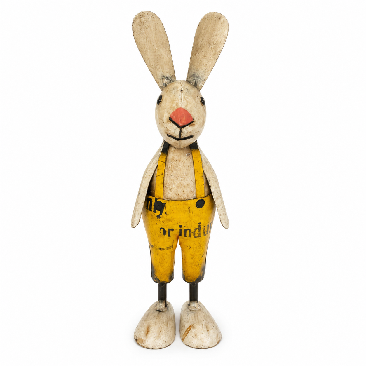 Metal white bunny wearing yellow overalls on a white background.