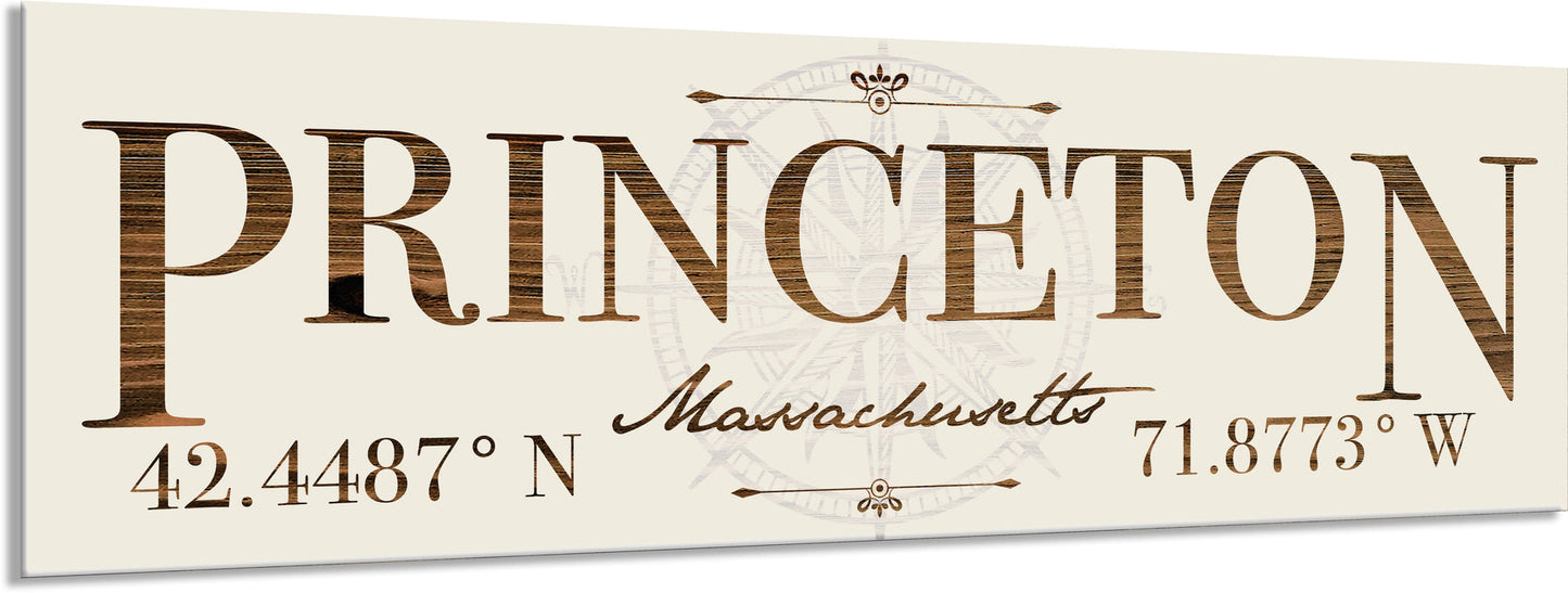 Decorative sign with 'Princeton, Massachusetts' text and coordinates on a beige background