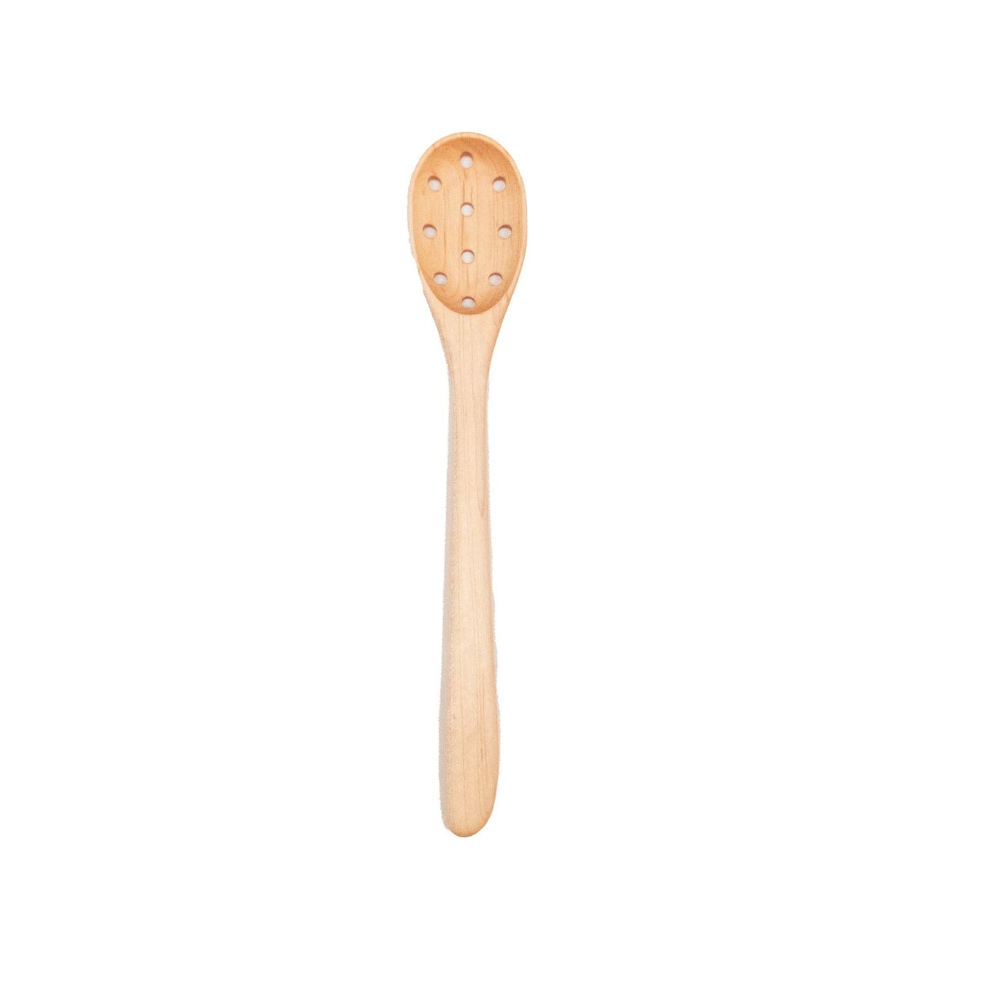 Wooden spoon with a perforated design on a white background