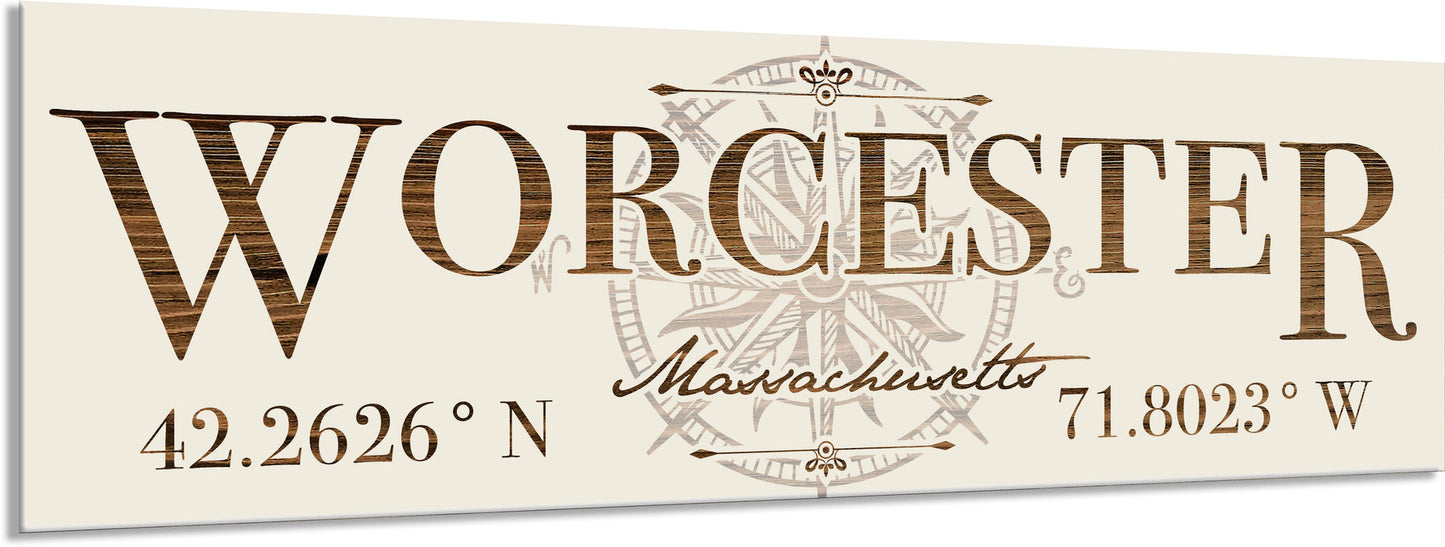 Decorative sign with 'Worcester, Massachusetts' text and coordinates on a beige background