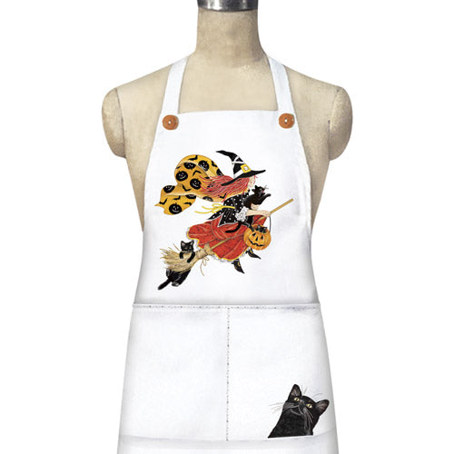 White apron with Halloween-themed design on a mannequin against a white background