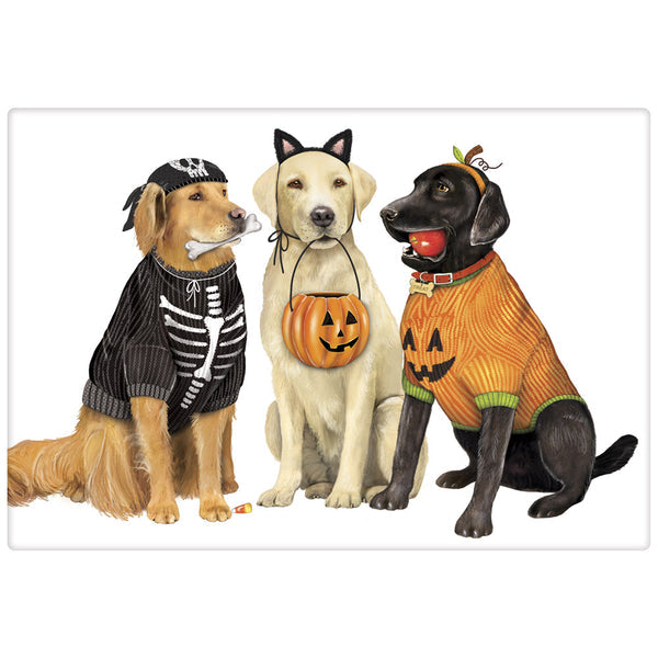 Tea towel with design of three dogs dressed in Halloween costumes on a white background