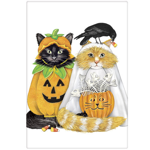 Tea towel with two cats in Halloween costumes, one as a pumpkin and the other as a ghost, on a white background.