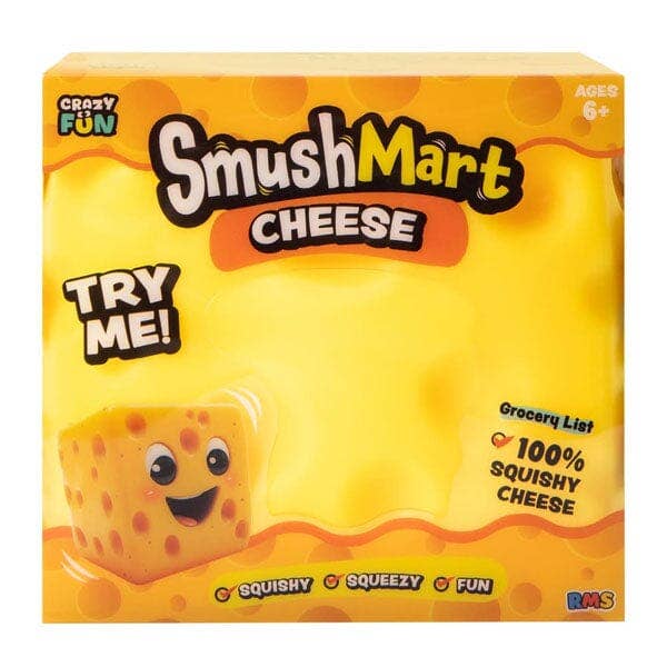 Smush Mart Cheese packaging with a yellow background and a cartoon cheese character.