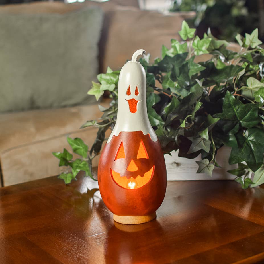 Casper Jack Small Tall Lit Jack-O-Lantern Handcrafted Gourd