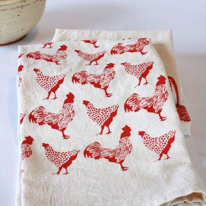 Chickens Red Printed Tea Towel