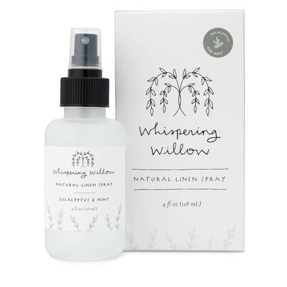 Whispering Willow natural linen spray bottle and packaging on a white background