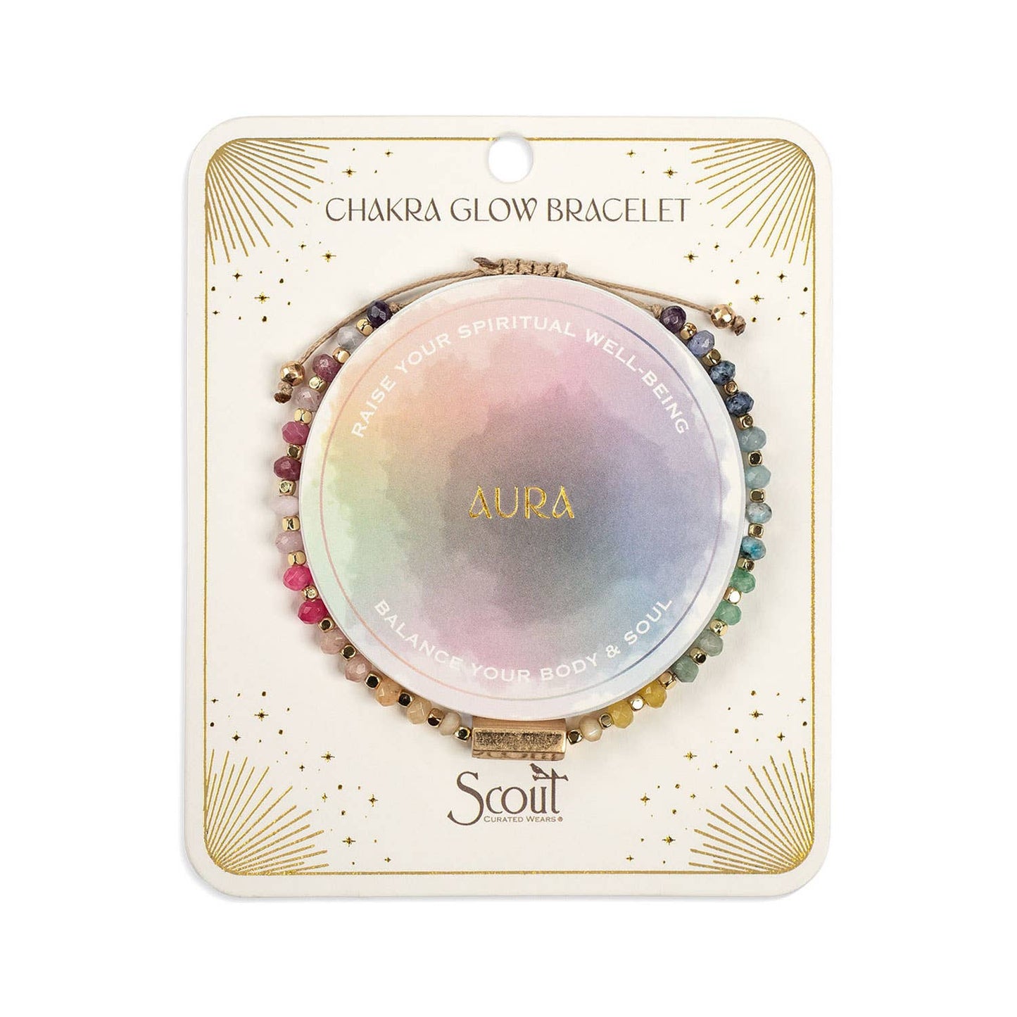 Chakra glow bracelet packaging with 'Scout' branding on a white background