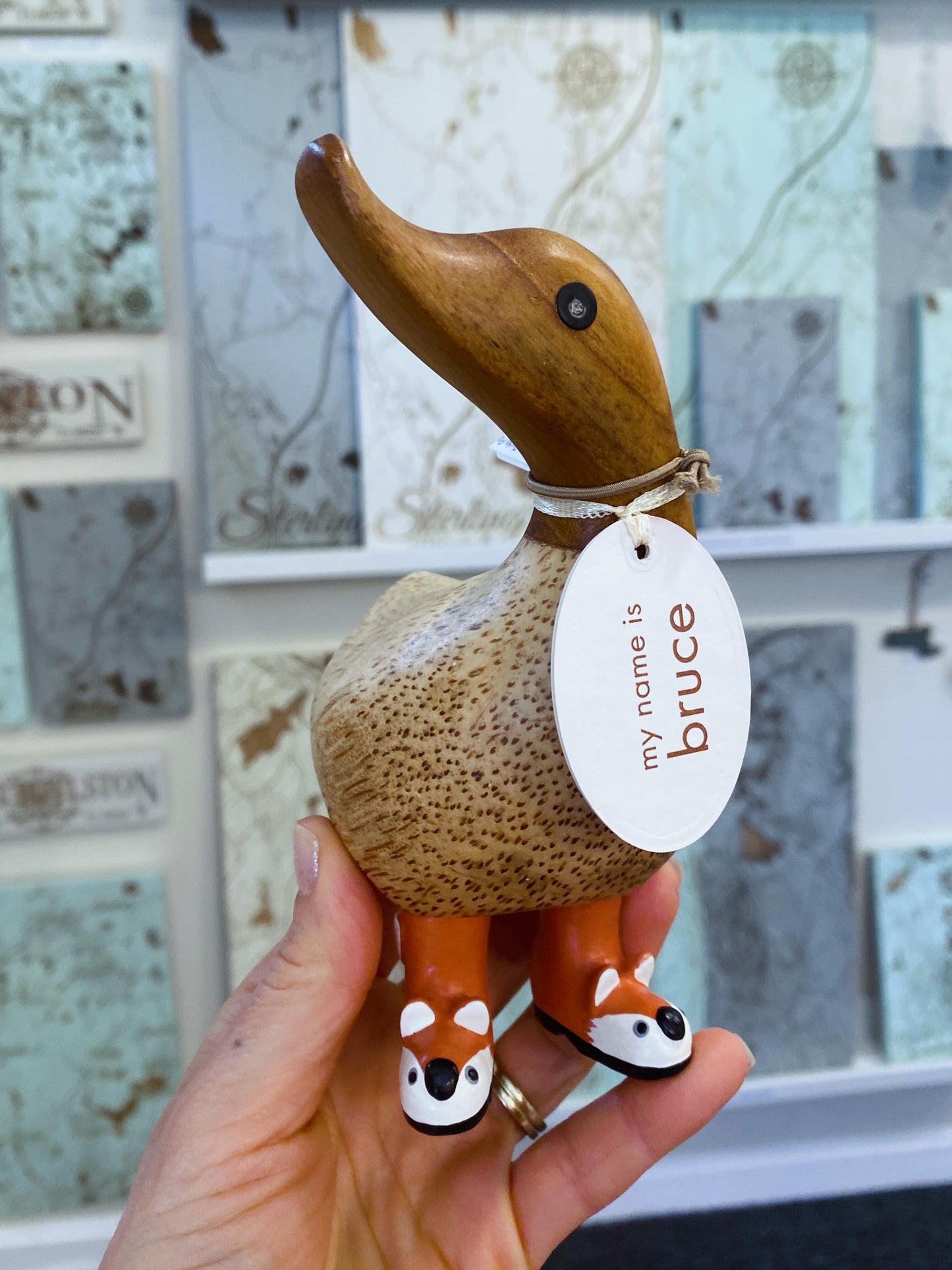 Wooden duck figurine with a tag labeled 'My name is Bruce' held in a hand against a decorative wall.