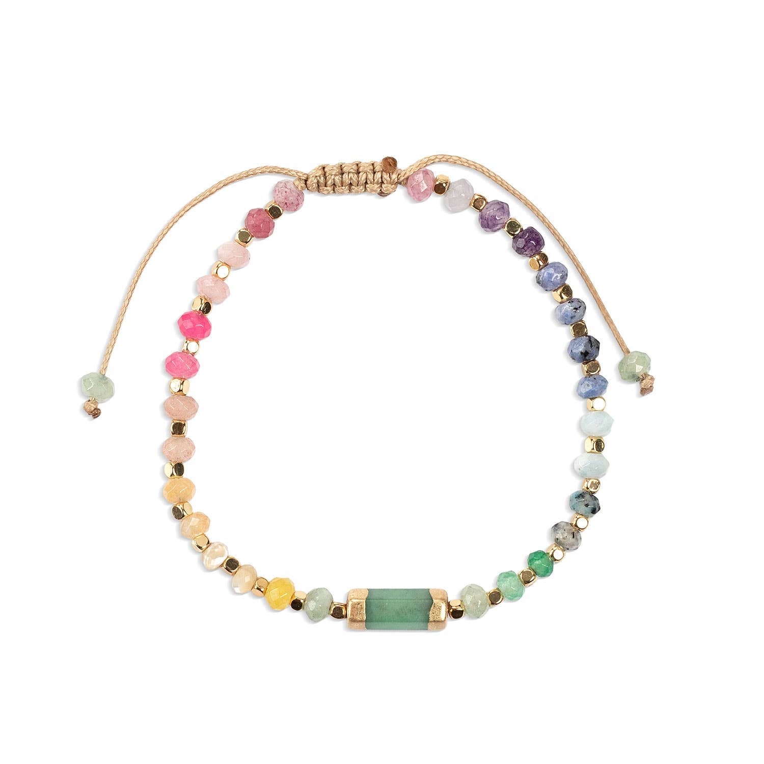 Multicolored beaded bracelet on a white background. All images associated with this listing show the same piece from various angles and with different styling props and packaging. 