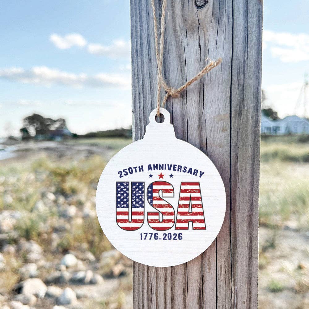Round white ornament with American flag design and text hanging on a wooden board outside