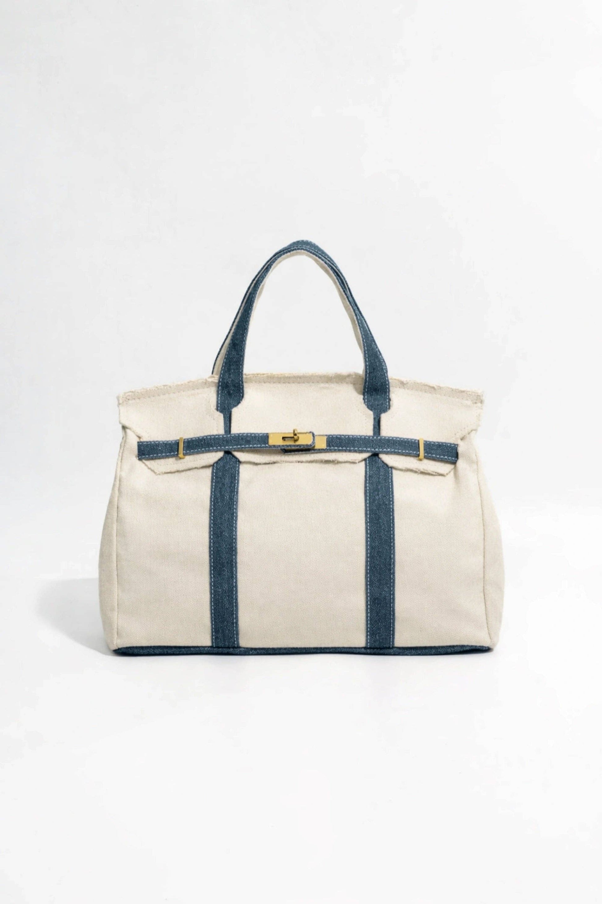 Beige tote bag with blue straps on a white background