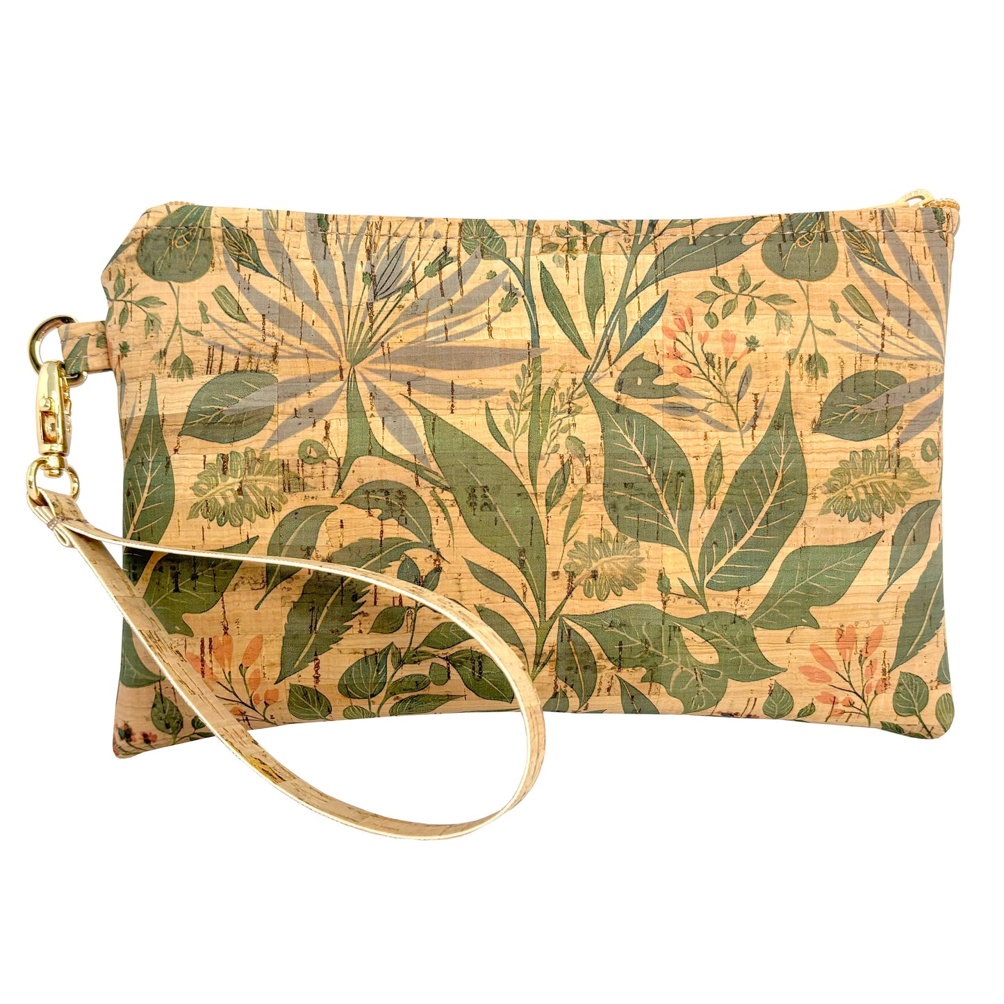 Floral patterned clutch bag with a strap on a white background