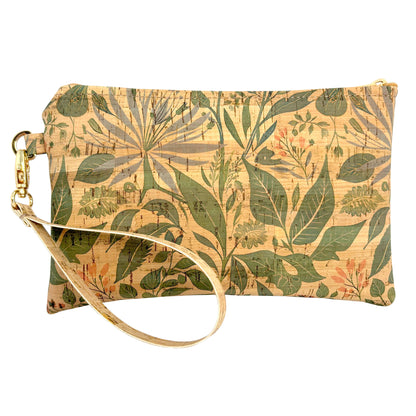 Floral patterned clutch bag with a strap on a white background