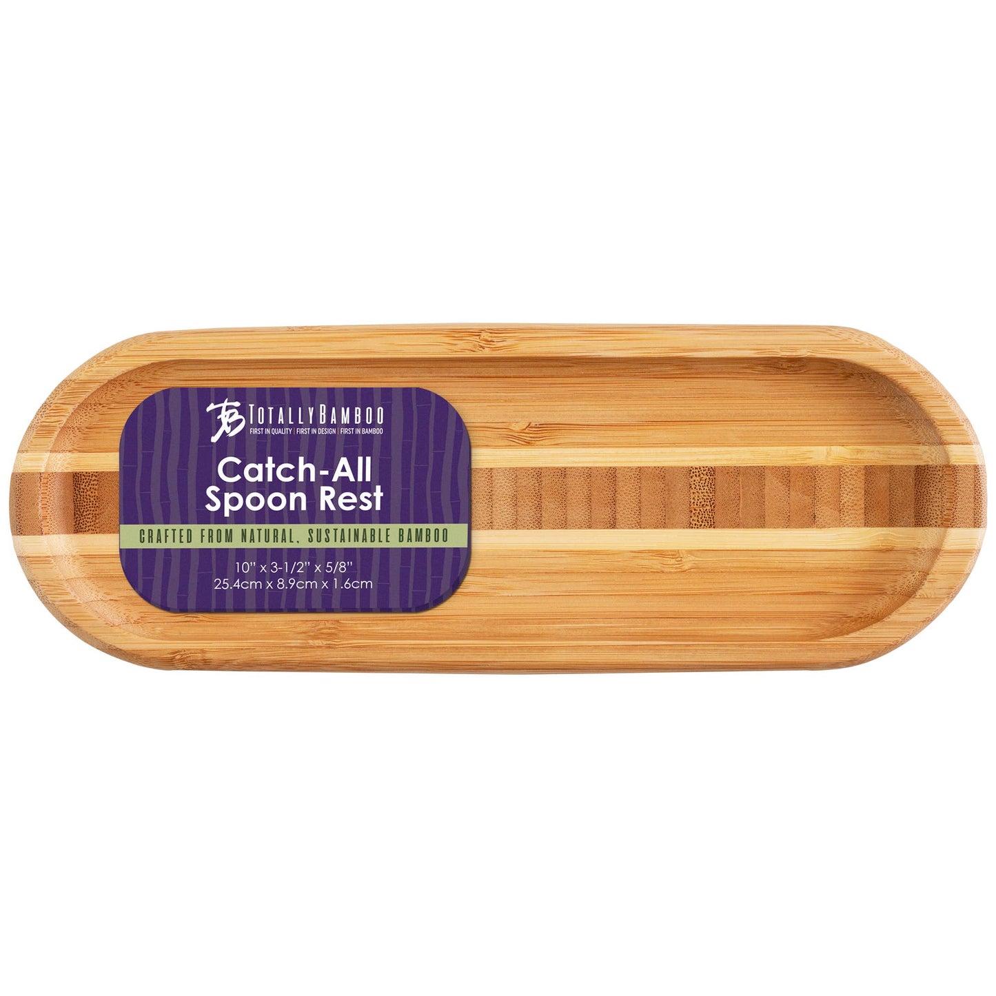 Wooden spoon rest with a purple label on a white background
