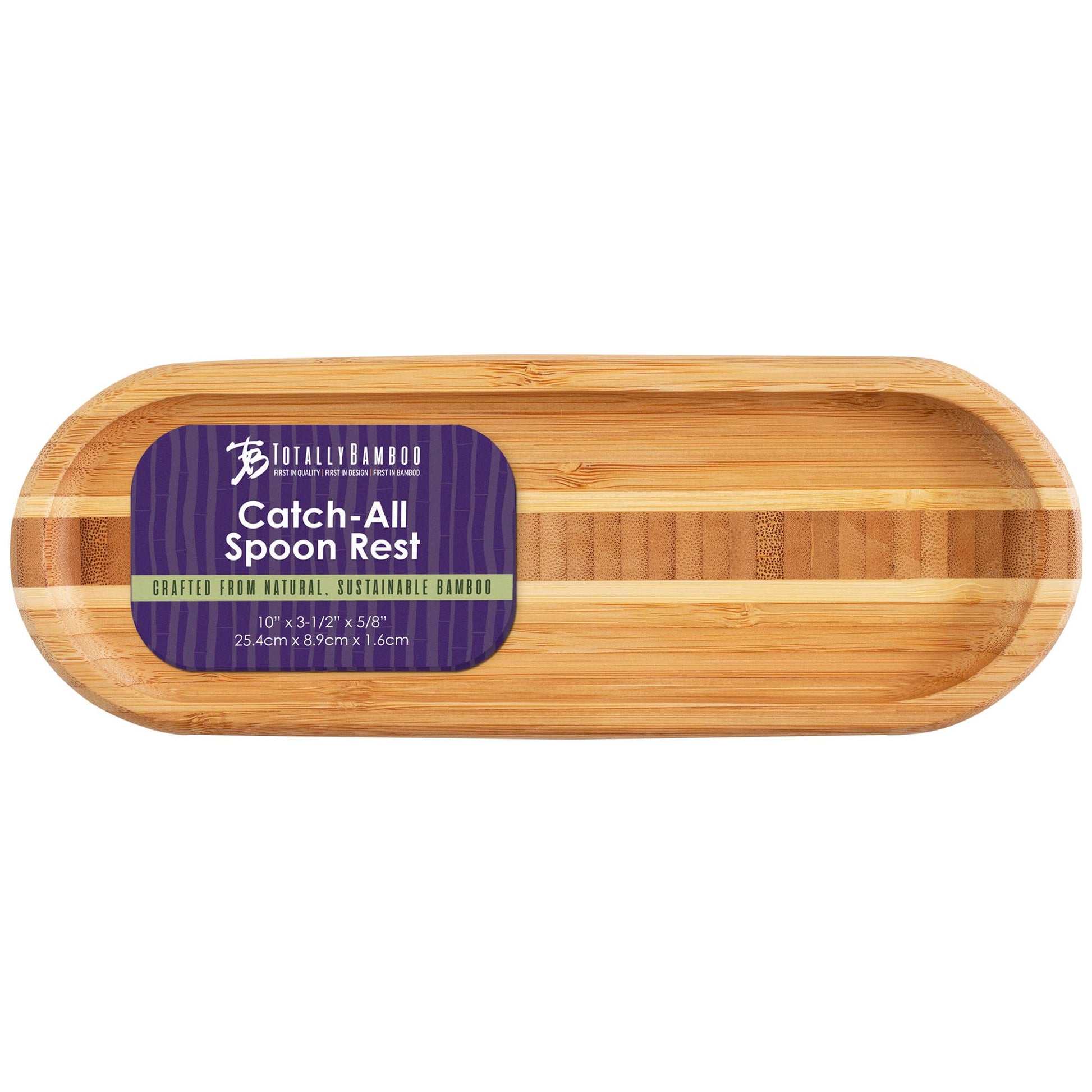 Wooden spoon rest with a purple label on a white background
