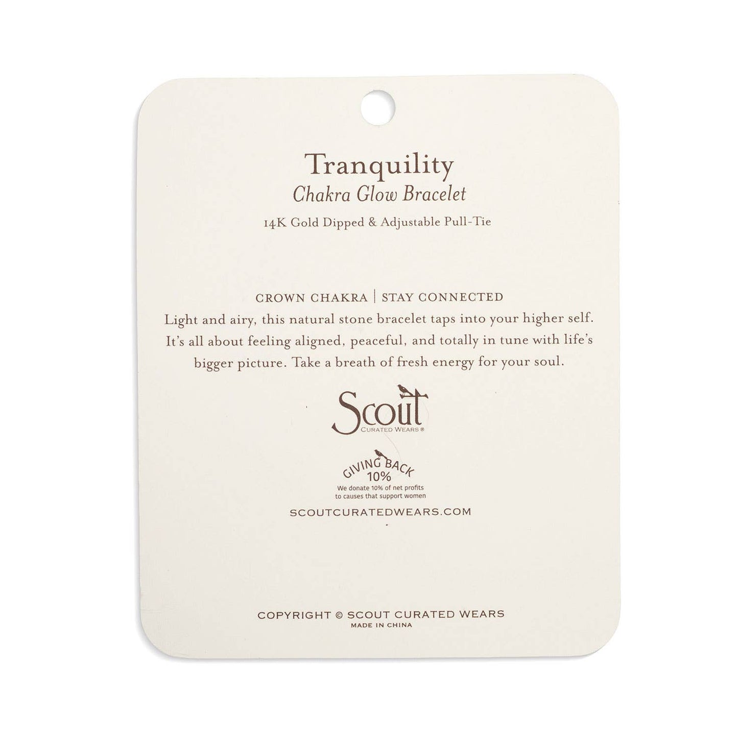 Card for 'Tranquility' Chakra Glow Bracelet by Scout with product description and brand information.
