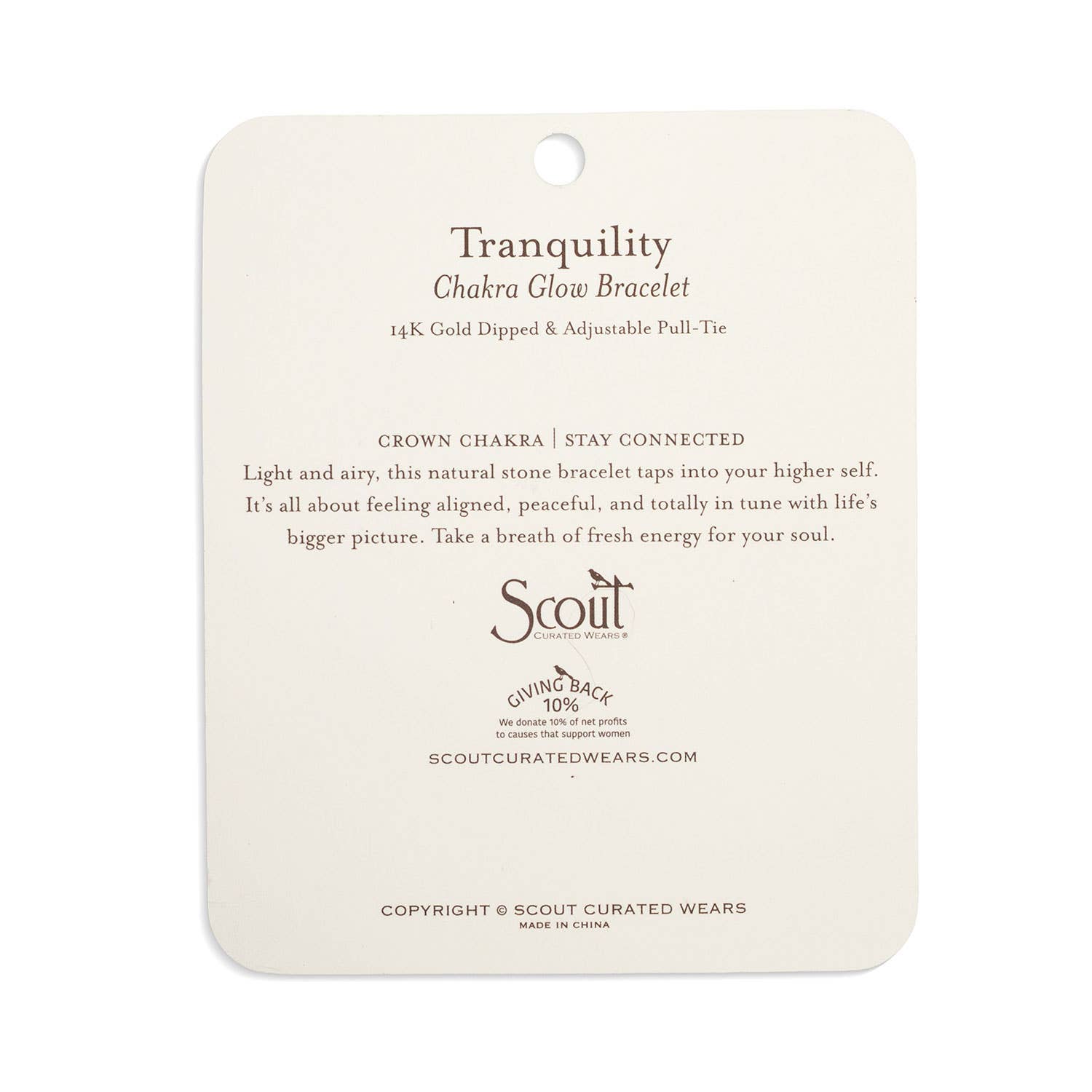 Card for 'Tranquility' Chakra Glow Bracelet by Scout with product description and brand information.
