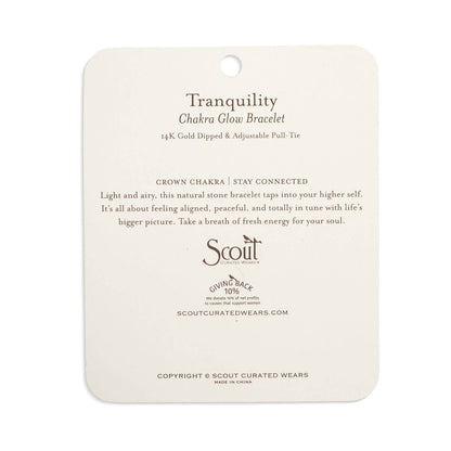 Card for 'Tranquility' Chakra Glow Bracelet by Scout with product description and brand information.