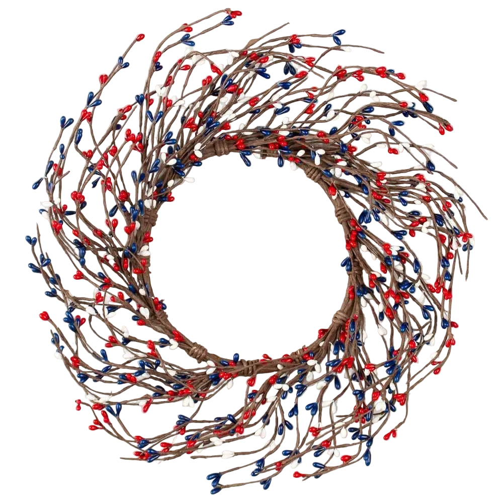 Decorative wreath with red, blue, and white berries on a white background