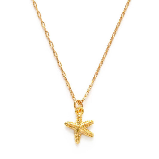 Gold starfish pendant necklace on a white background