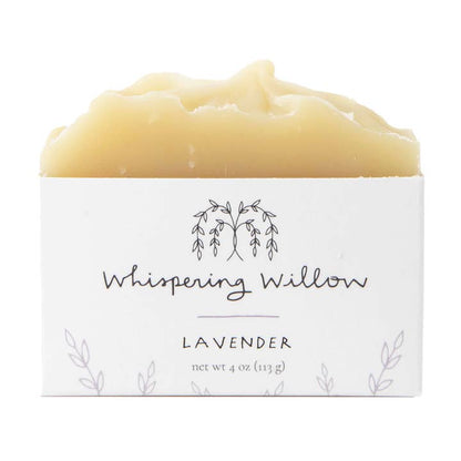 Bar of soap with 'Whispering Willow' label on a white background