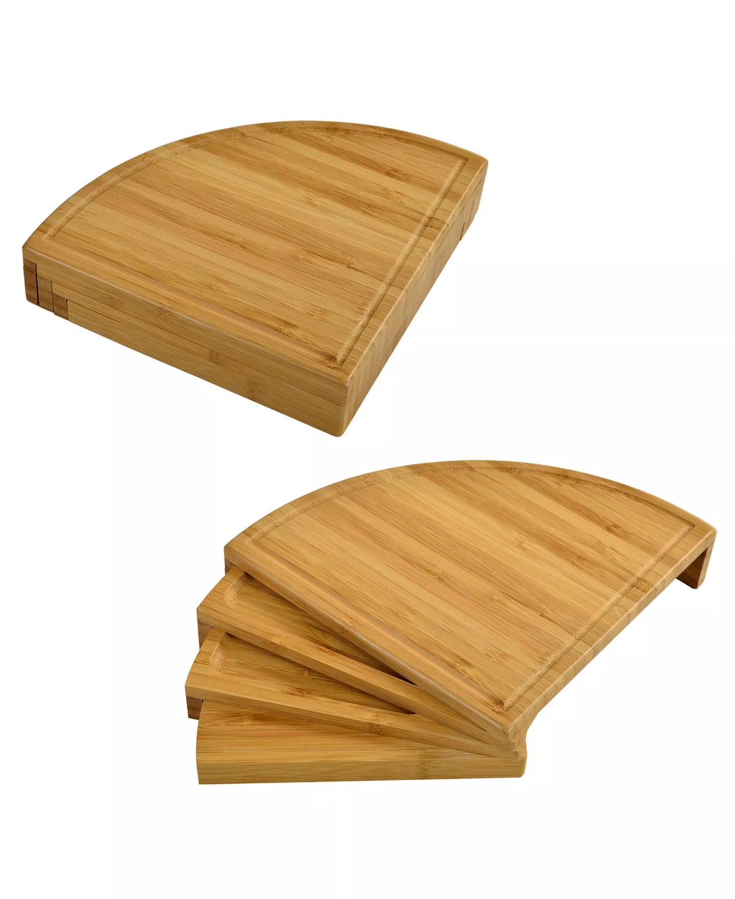 Two photos of the transforming charcuterie board on a white background. One shows the board folded up in a wedge shape, the other shows the wedge slightly fanned out, to illustrate how the board unfolds.