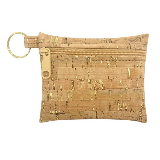 A small zippered pouch with a gold key ring, made from cork fabric with gold flecks, providing a sustainable and eco-friendly option for carrying essentials.