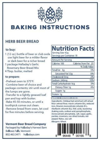 Baking instructions and nutrition facts label for Herb Beer Bread from Halladay's Rosemary Garlic Beer Bread Mix.