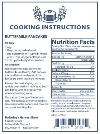 Buttermilk pancakes cooking instructions and nutrition facts label.
