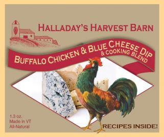 Halladay's Harvest Barn Buffalo Chicken & Blue Cheese Dip packaging with a rooster illustration.
